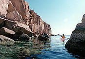 Geoff in Kayak - Between Rocks (Isla La Partida)