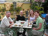 San José - Hotel Don Carlos - Breakfast - Lizano Salsa - Ken Geoff Liz Laura (photo by Dottie) (Dec 25, 2005)