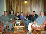 Monteverde - Hotel Establo - At Hotel Bar - Esteban Dottie Liz Laura Geoff Luis Ken (photo by Dottie) (Jan 2, 2005)