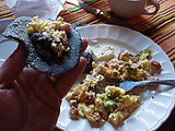 Chichi (Chichicastenango) - Market - Eating Breakfast - Eggs, Sausage, and Blue Corn Tortillas