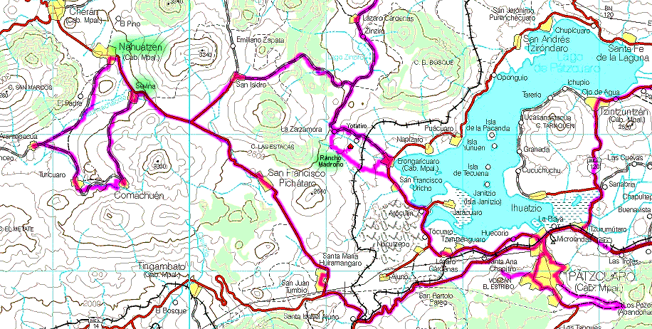 Map of rural Michoacán area around Rancho Madroño