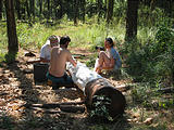 Rancho Madroño - Using Totem Pole for Papier Mache Template - Lars, Brian, Marie (photo by Geoff)