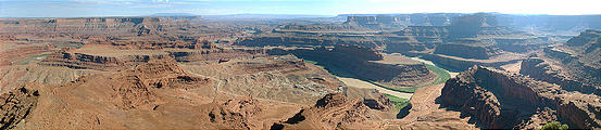 panoramic view of the Gooseneck of the Colorado River, as seen from Dead Horse Point. The track on the ledge before the river is Potash Road / South Fork Road (7/22 4:18 PM)