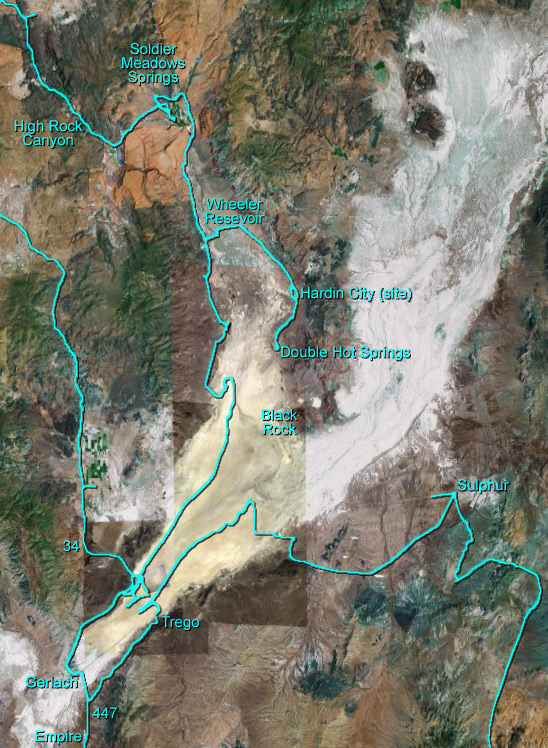 Black Rock Desert and High Rock Canyon (GPS track log overlaid on a satellite image from Google Earth)