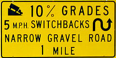 Moki Dugway - Sign - "10% Grades 5MPH Switchbacks Narrow Gravel Road 1 Mile"